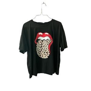 Rolling Stone T-Shirt Women L Black Crewneck Leopard Print Tongue Graphic Cotton